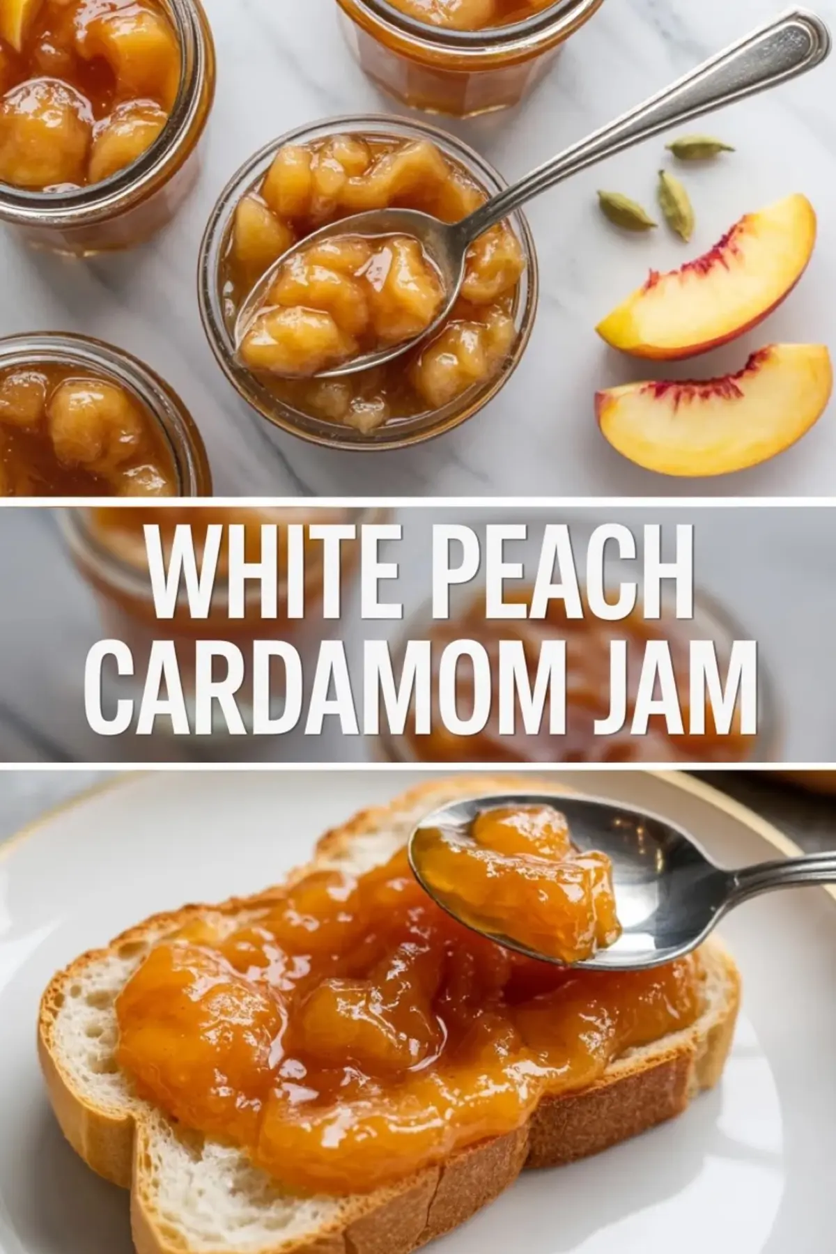 Vertical white peach cardamom jam graphic with jars of peach jam, peach slices, cardamom pods, and toast topped with peach jam.