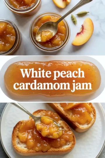 White peach jam recipe shown in open jars of glossy peach cardamom jam with peach slices and jam spooned onto toast on a white marble surface.
