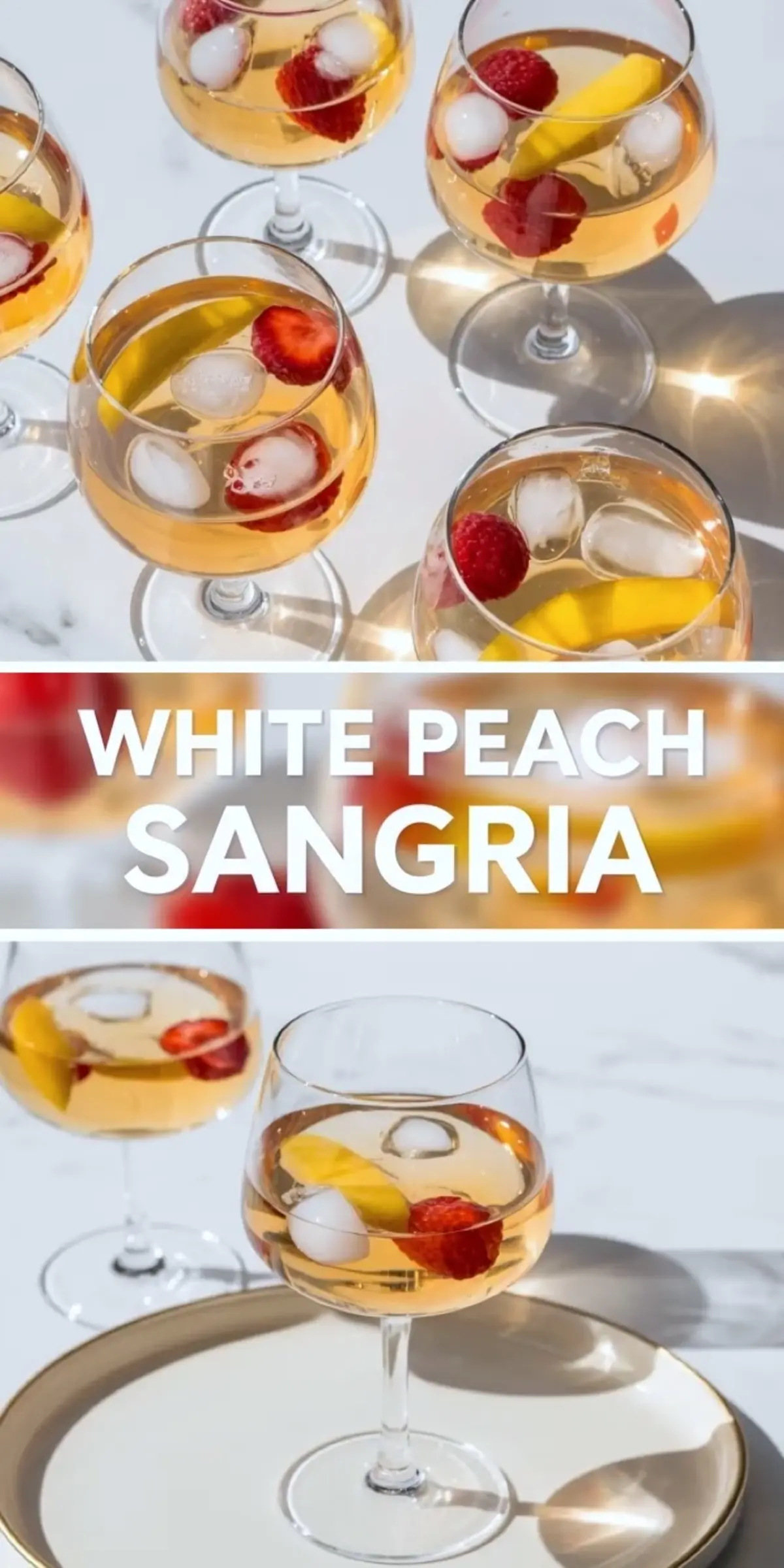 Tall white peach sangria collage with several chilled glasses, the white peach sangria title, and a close serving glass with peach slices and berries.