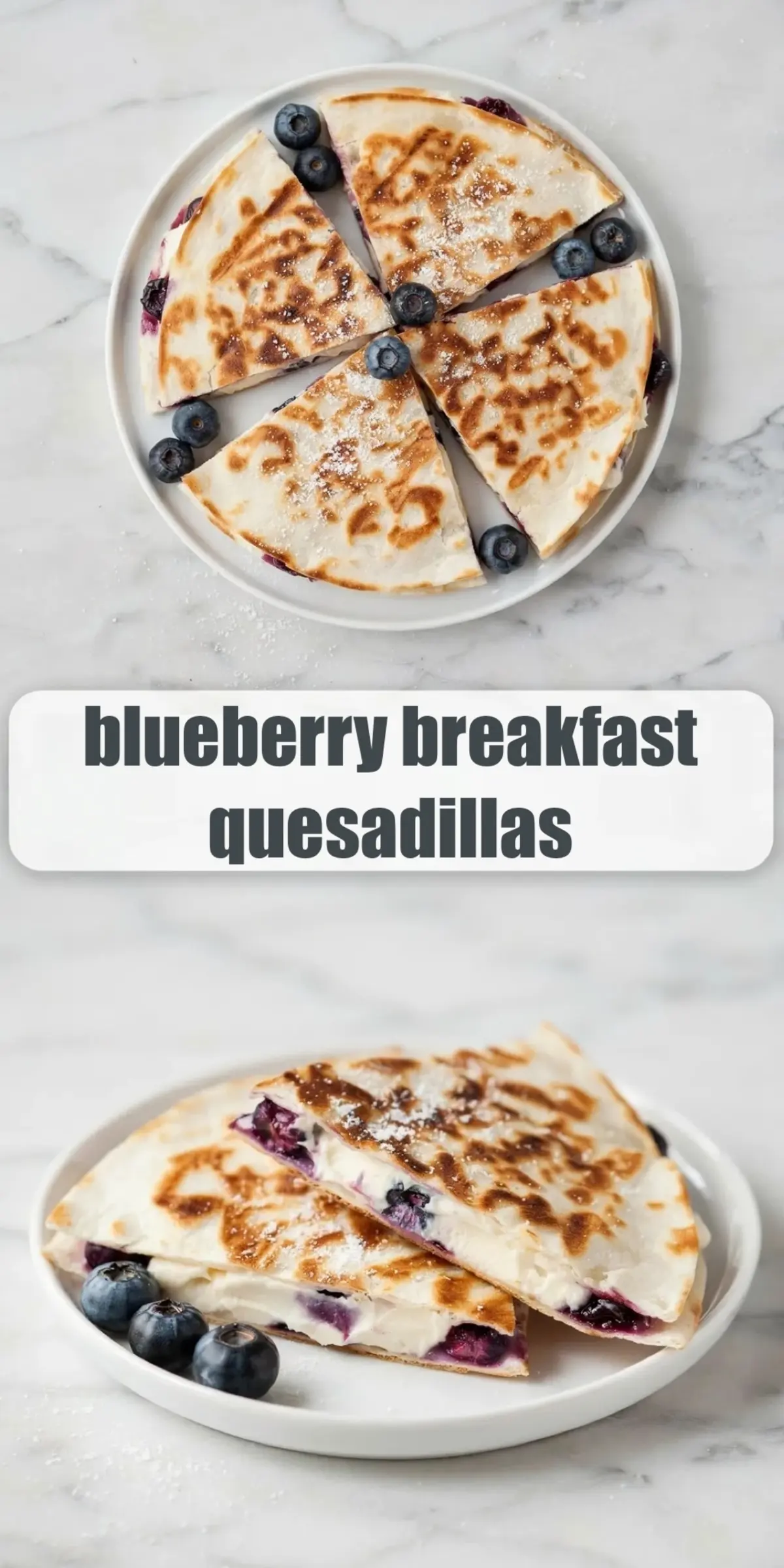 Collage of blueberry breakfast quesadillas showing golden wedges with blueberry cream cheese filling.