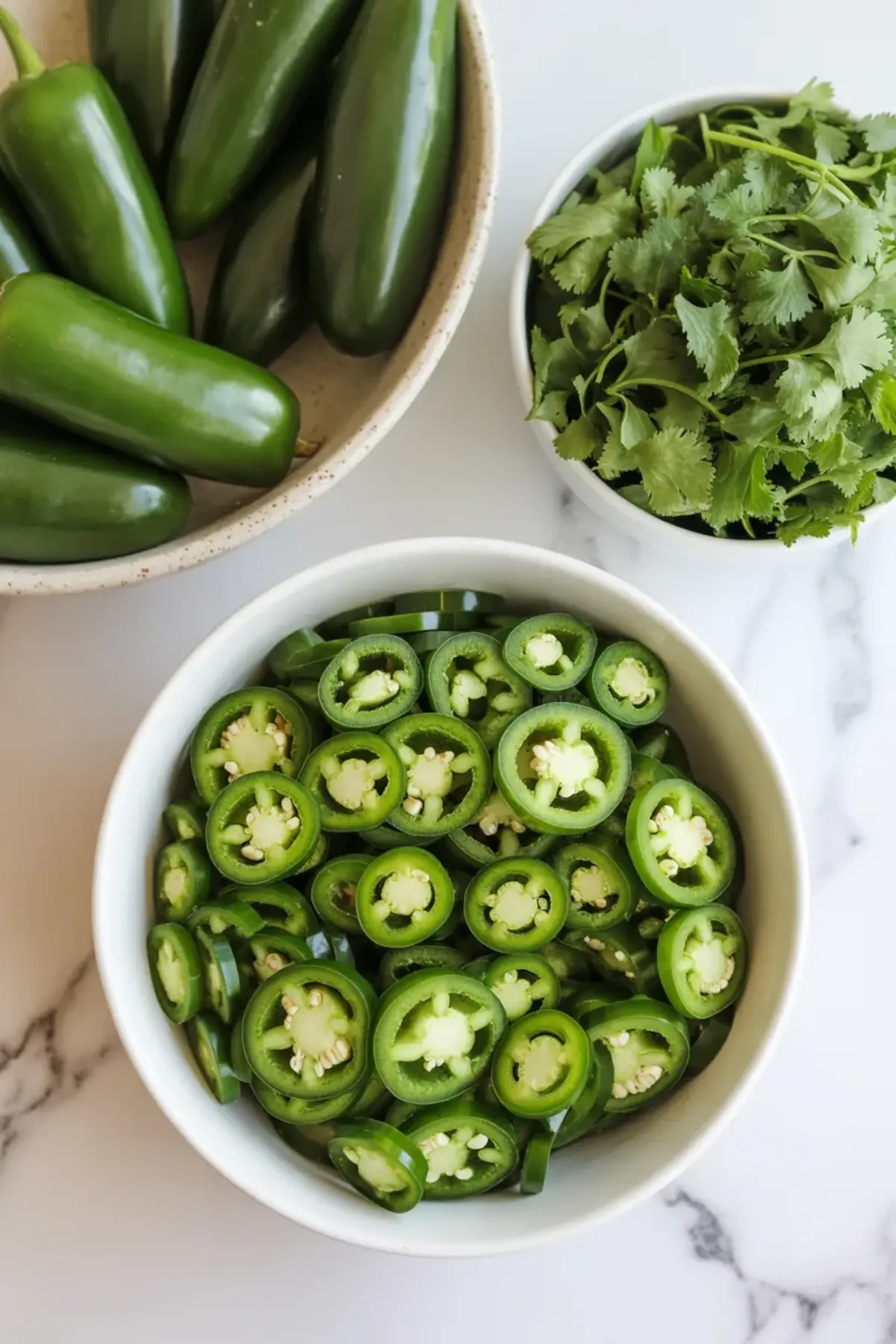 Sliced jalapenos and fresh cilantro prepared for adding gentle heat and herb flavor to blueberry salsa.