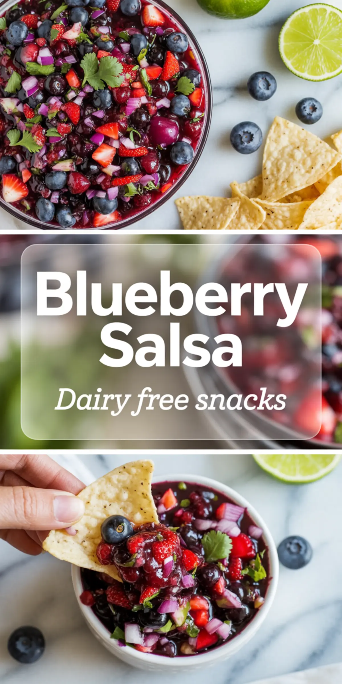 Collage of blueberry salsa showing a bowl of berry salsa with tortilla chips, lime, cilantro, and a chip being dipped.