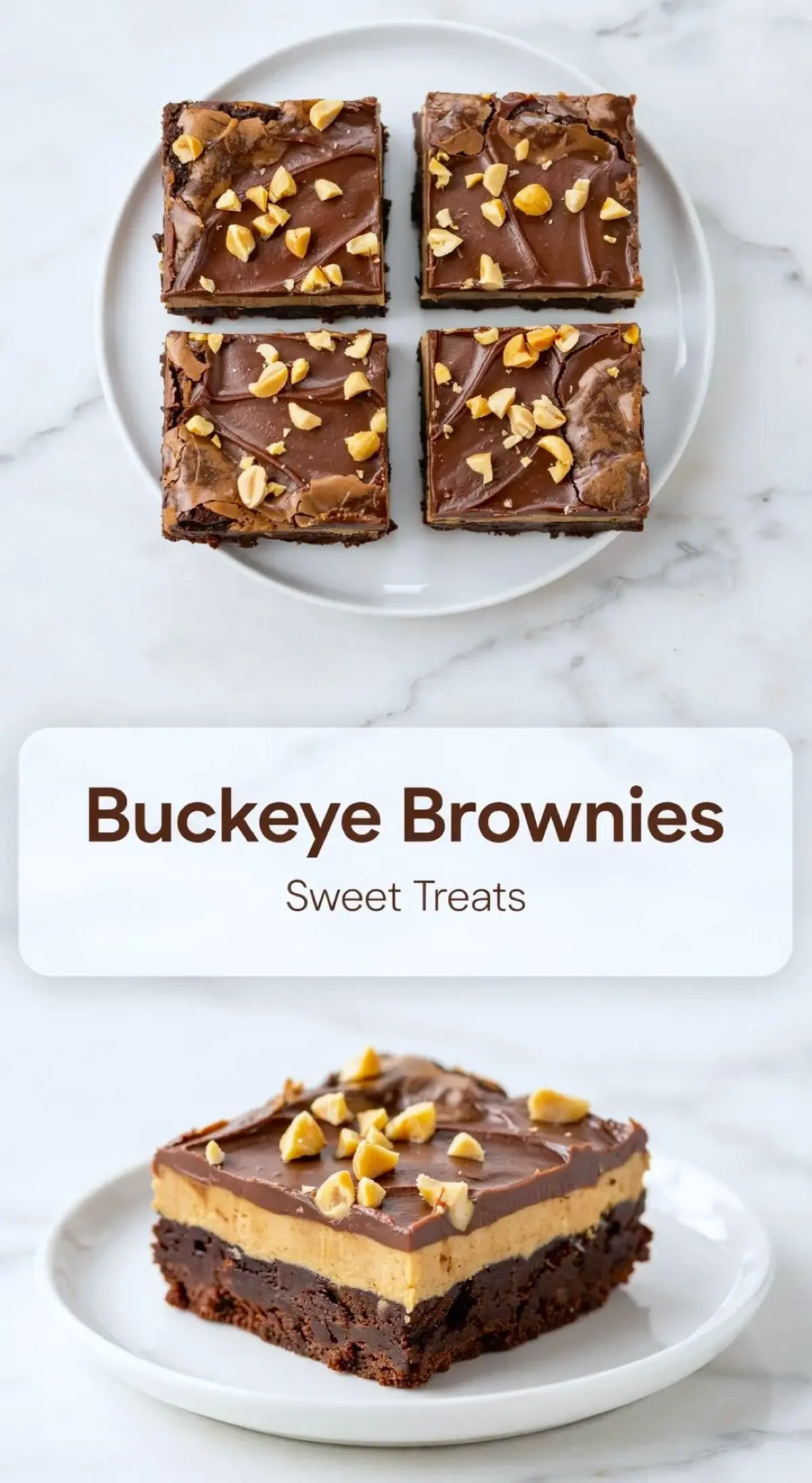 Tall buckeye brownies collage showing cut chocolate peanut butter brownies on plates with a finished square and recipe title text.