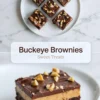 Buckeye brownies stacked on a plate with fudgy brownie bases, creamy peanut butter layers, chocolate ganache, chopped peanuts, and recipe title text.