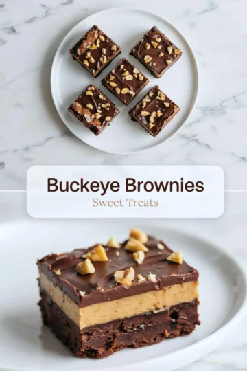 Buckeye brownies stacked on a plate with fudgy brownie bases, creamy peanut butter layers, chocolate ganache, chopped peanuts, and recipe title text.