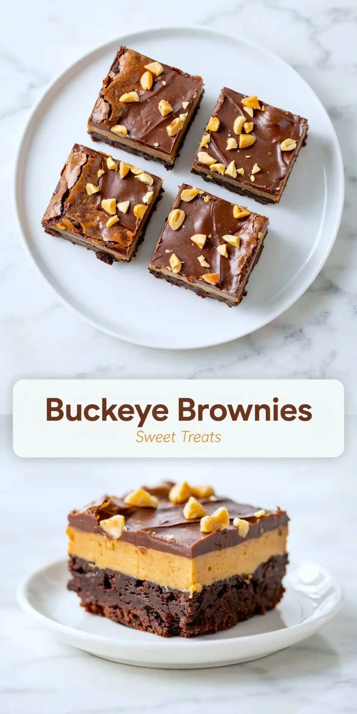 Tall buckeye brownies collage with plated brownie squares, a close-up layered brownie, glossy chocolate topping, peanuts, and recipe title text.