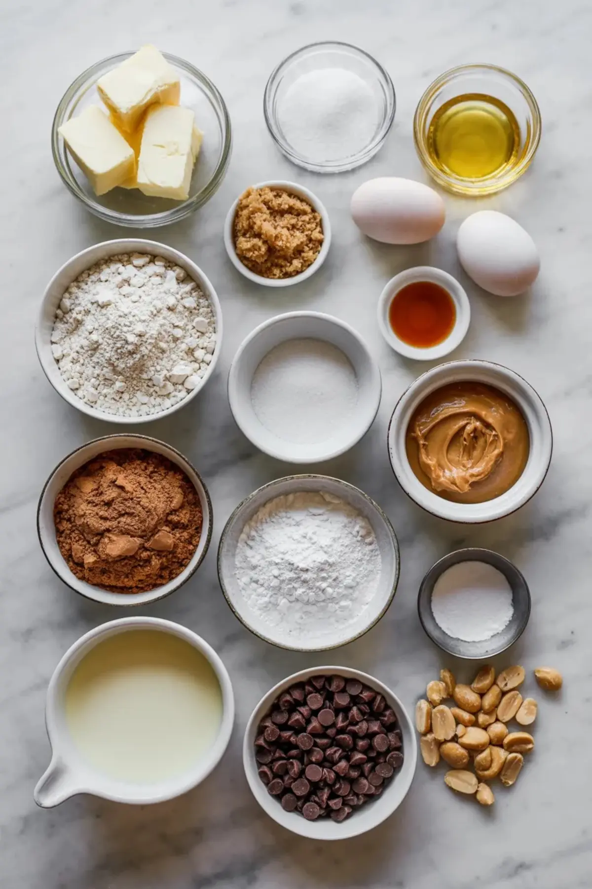 Overhead buckeye brownies ingredient setup with butter, sugars, eggs, flour, cocoa, chocolate chips, peanut butter, cream, and peanuts on white marble.