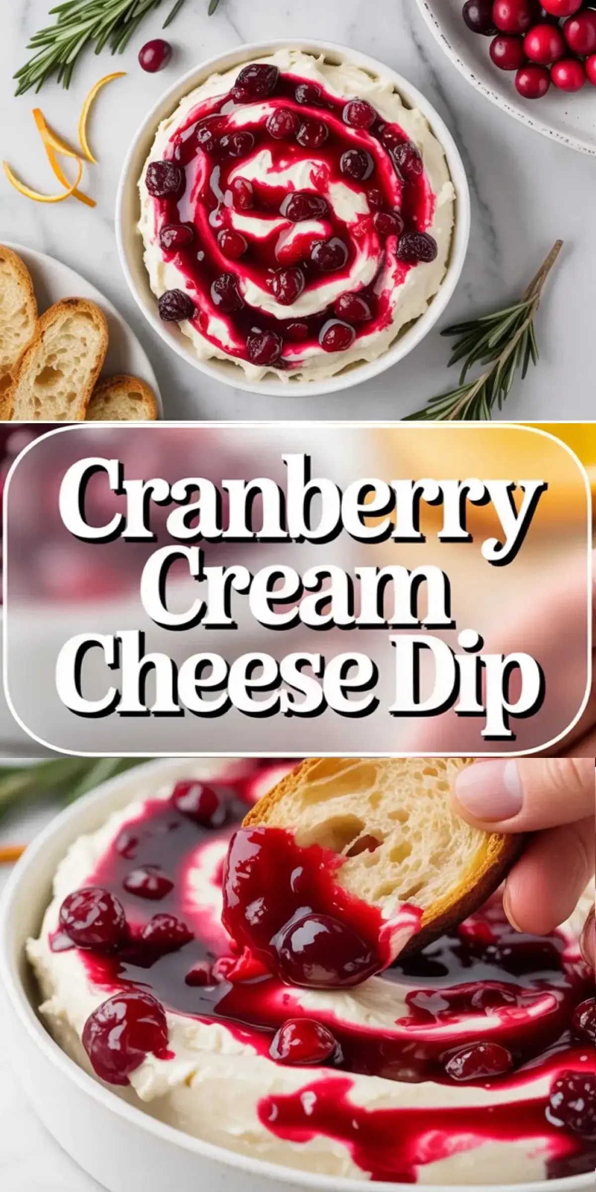 Tall cranberry cream cheese dip collage with cranberry topping over cream cheese, title panel, and bread dipped into the creamy appetizer.