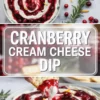 Cranberry cream cheese dip hero graphic with crackers around a bowl of creamy dip topped with cranberry sauce, rosemary, and a cracker scooping the dip.