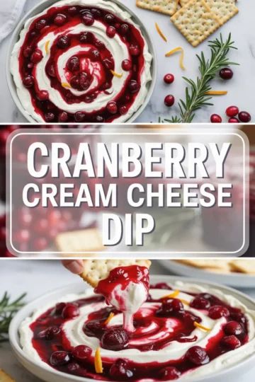 Cranberry cream cheese dip hero graphic with crackers around a bowl of creamy dip topped with cranberry sauce, rosemary, and a cracker scooping the dip.