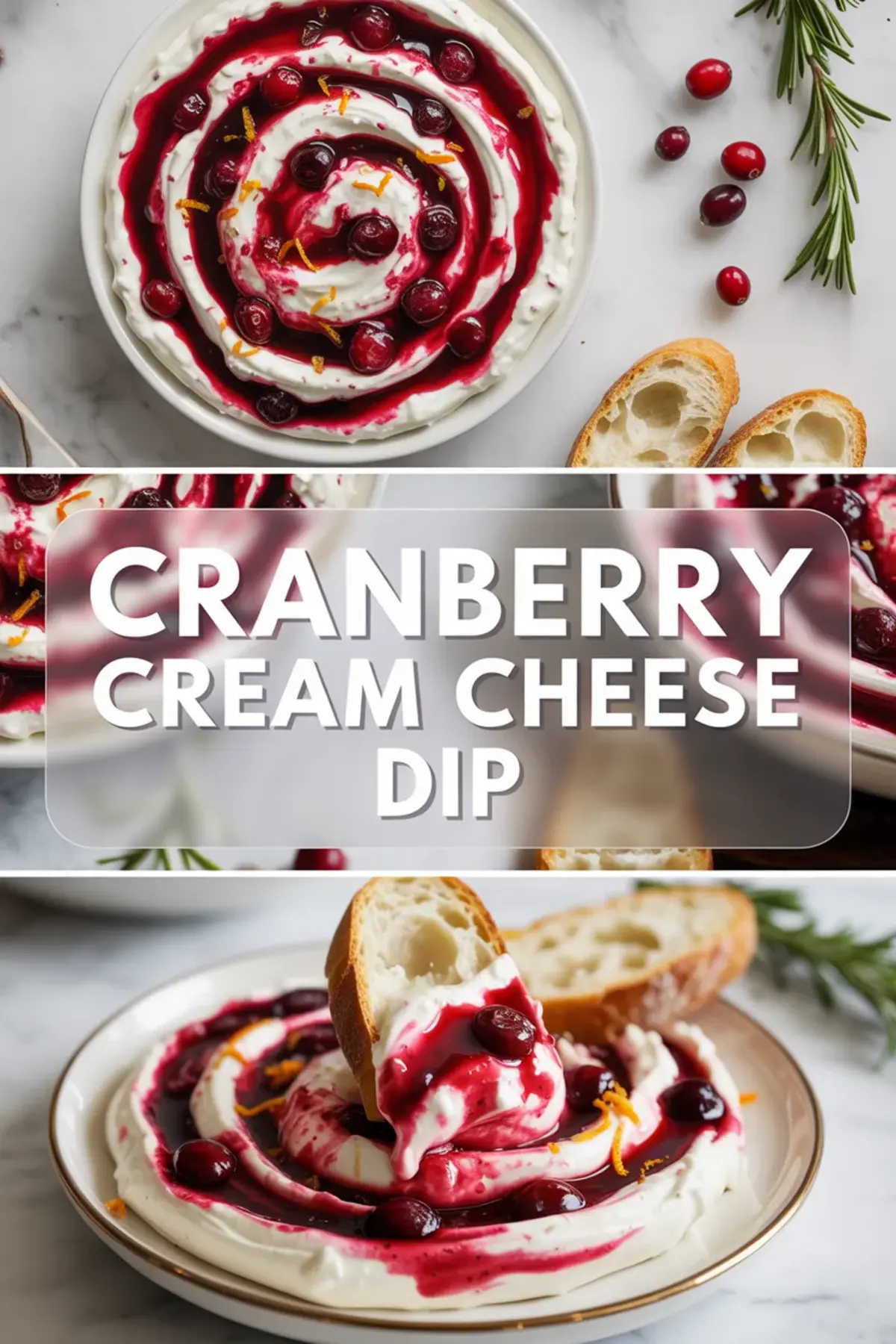 Cranberry cream cheese dip closing collage with cranberry topping, orange zest, and bread lifting a scoop of the creamy dip from the serving bowl.