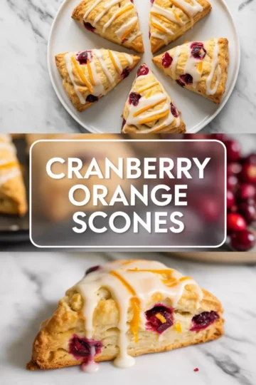 Cranberry orange scones hero graphic with glazed golden scones on a white plate, orange zest garnish, and a split scone showing the soft crumb and cranberries.