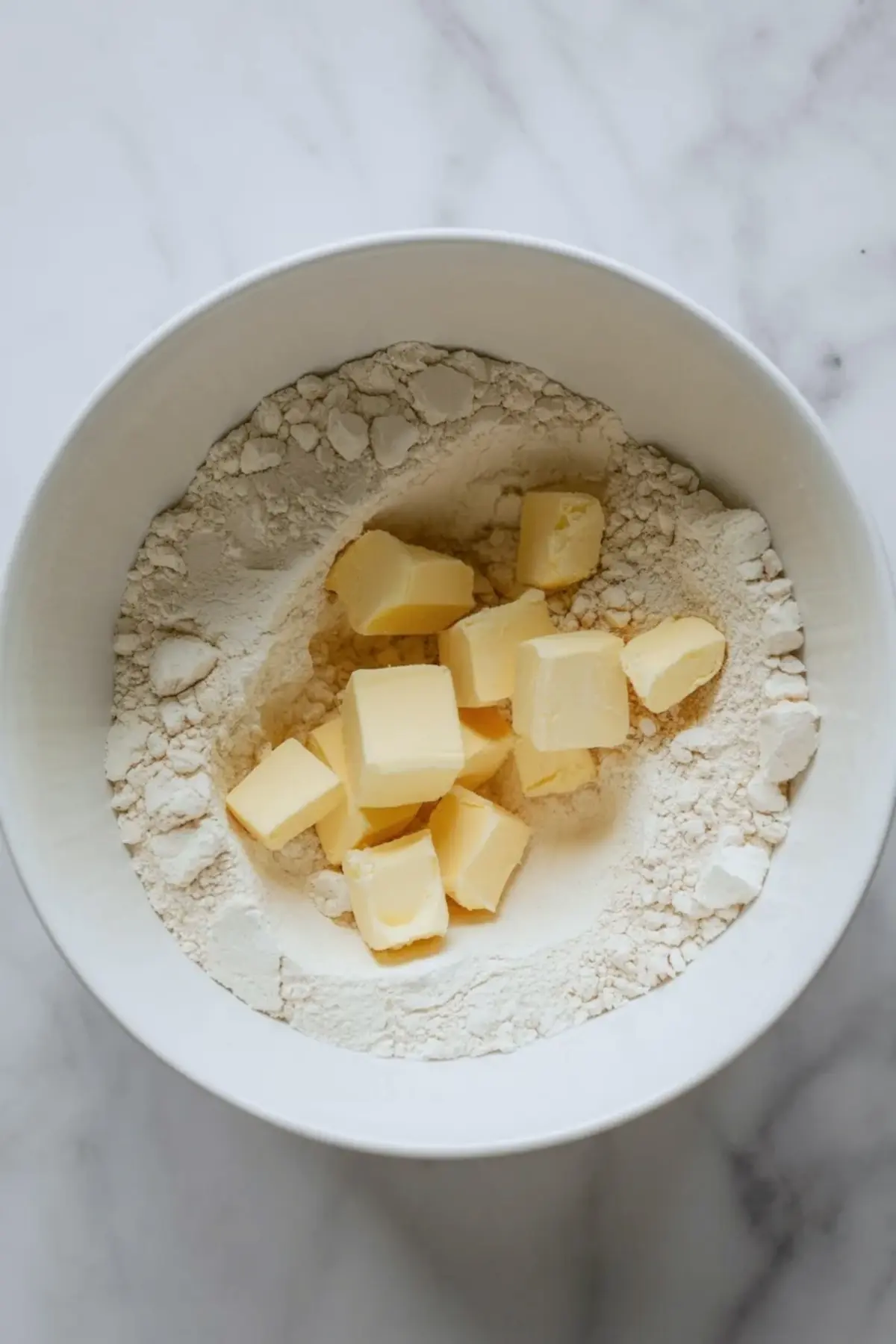 Cold butter cubes cut into the flour mixture for cranberry orange scones in a metal bowl before the wet ingredients are added.