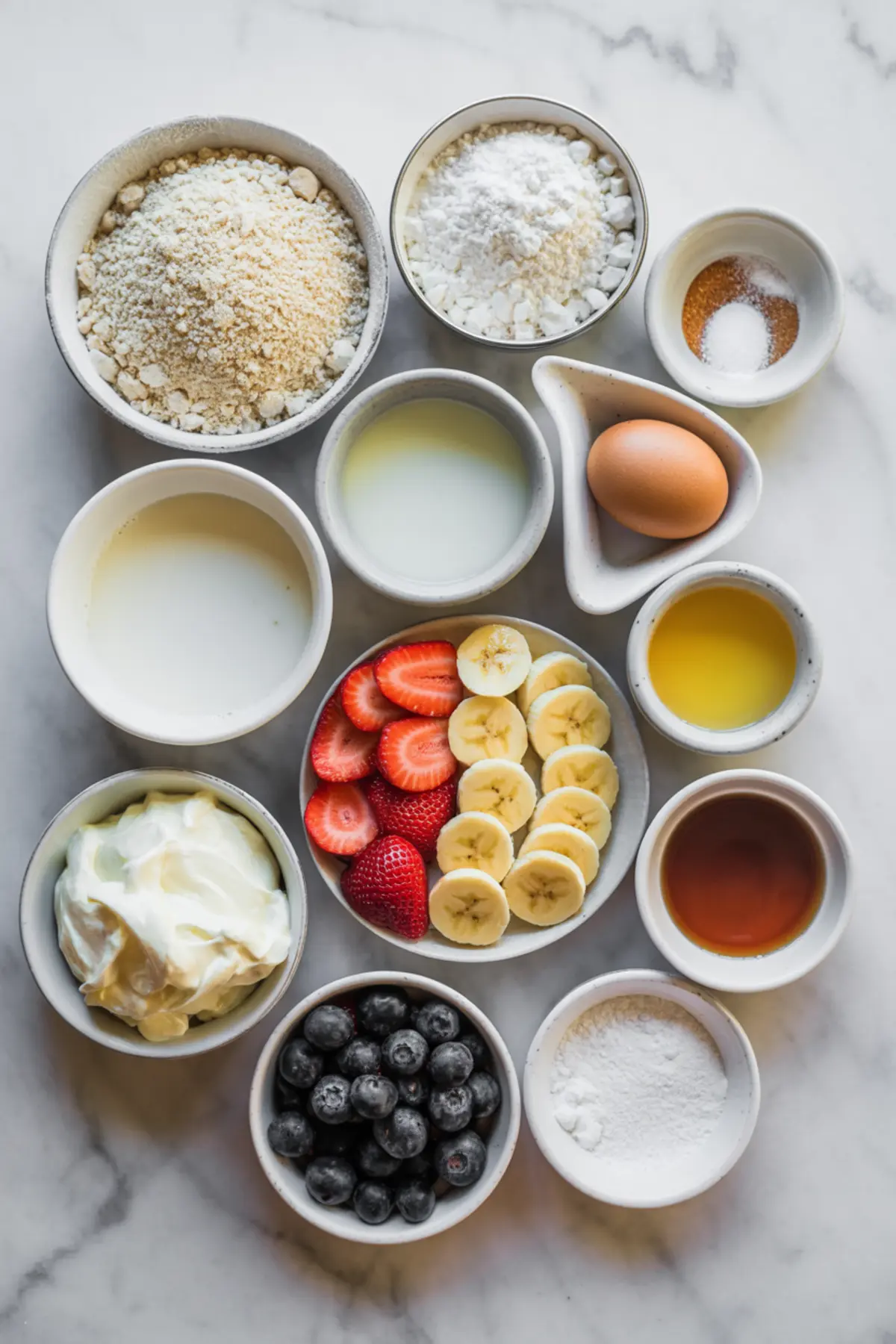 Ingredients for easy pancake tacos arranged with flour, milk, egg, butter, whipped cream, berries, bananas, and maple syrup.