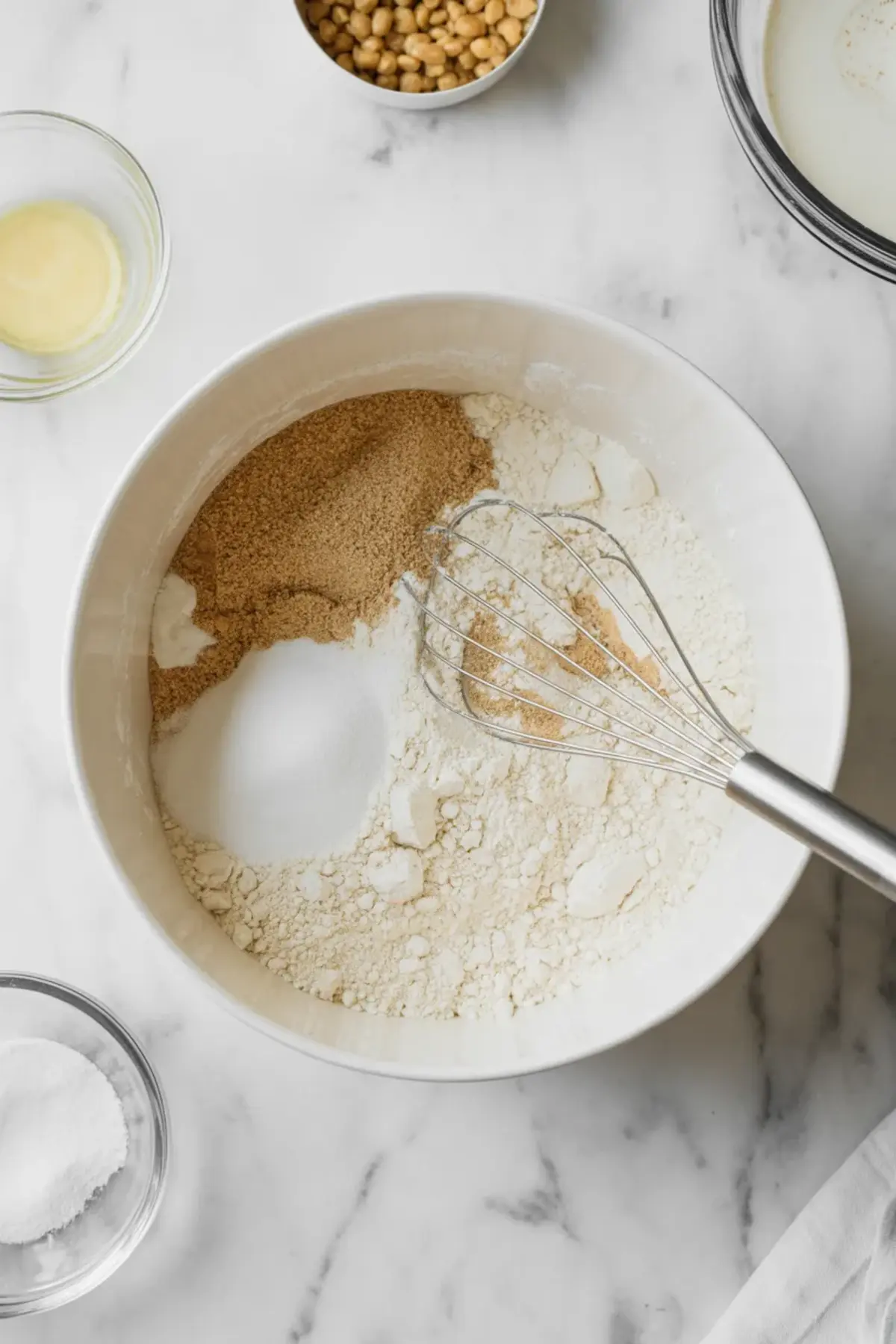 Dry pancake ingredients being whisked together in a bowl before adding the wet ingredients for pancake tacos.