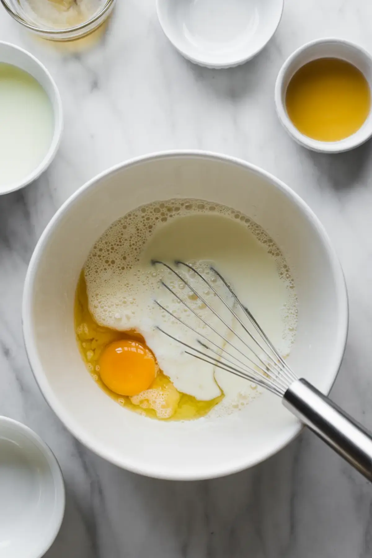 Wet pancake ingredients with egg, milk, melted butter, and vanilla being whisked before making pancake taco batter.