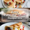 Easy pancake tacos filled with whipped cream, strawberries, bananas, blueberries, and maple syrup on a breakfast plate.