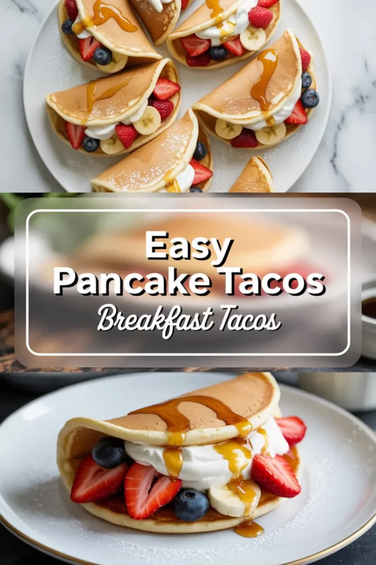 Easy pancake tacos filled with whipped cream, strawberries, bananas, blueberries, and maple syrup on a breakfast plate.
