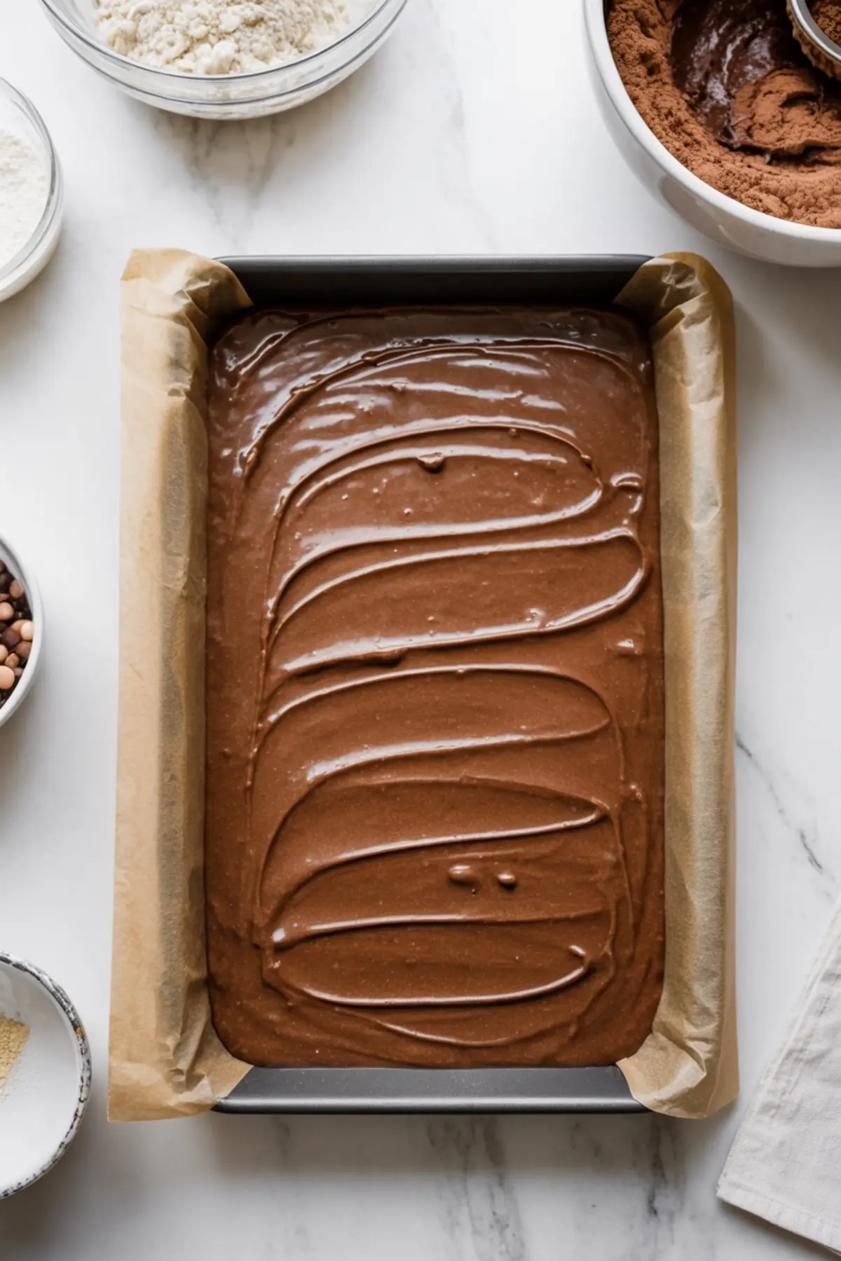 Chocolate brownie batter spread smooth in a parchment lined rectangular pan before baking the base for French silk brownies.