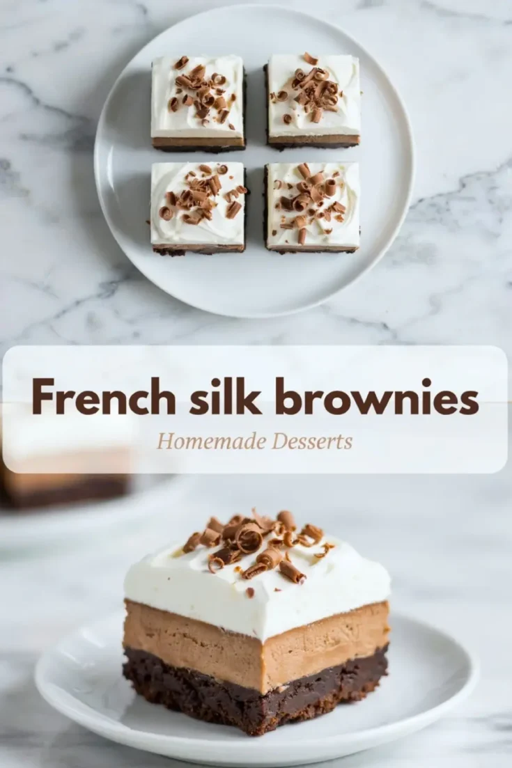 French silk brownies on white plates with fudgy brownie bases, creamy chocolate silk layers, whipped cream, chocolate curls, and recipe title text.