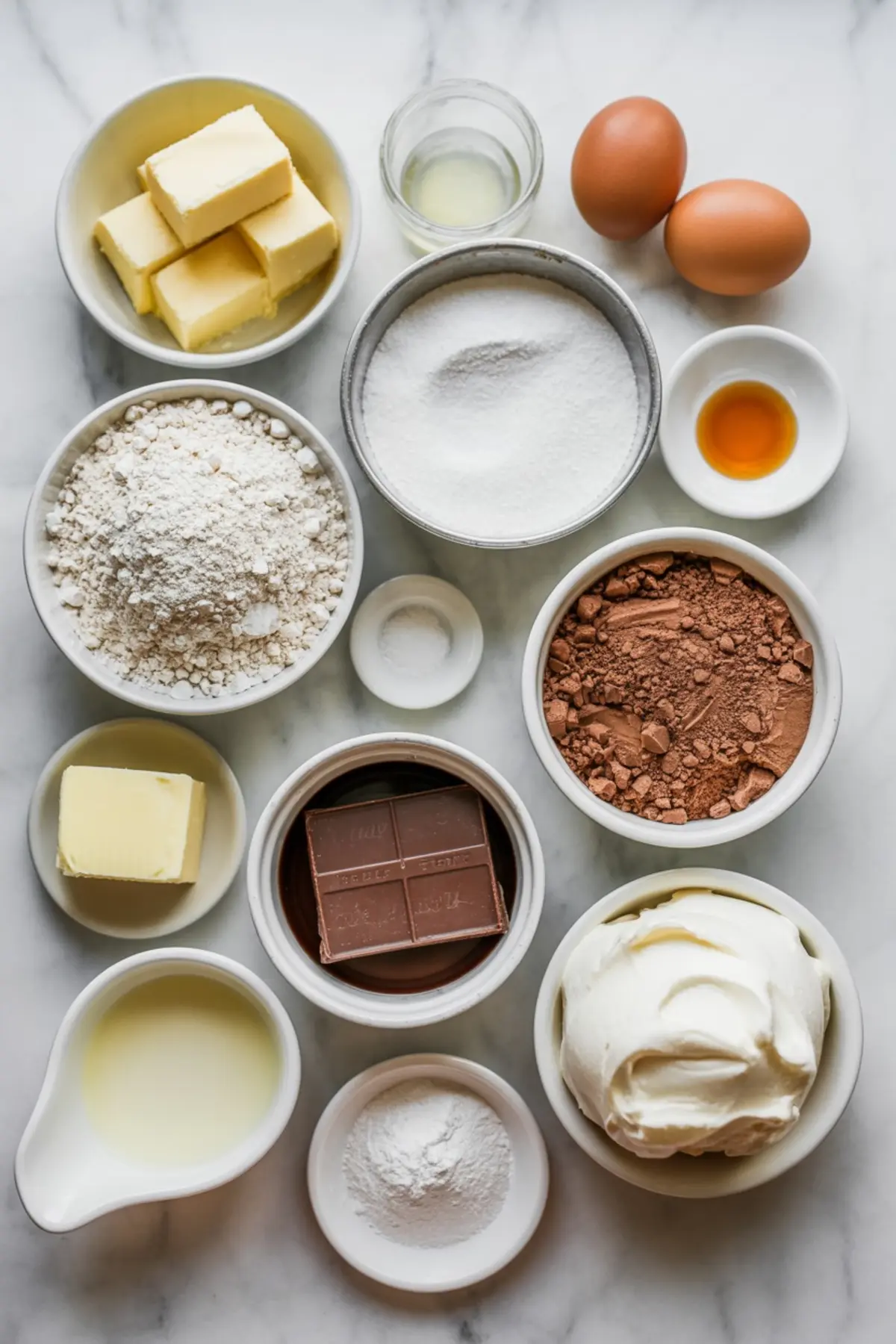 Overhead ingredient setup for French silk brownies with butter, eggs, sugar, cocoa, flour, chocolate, cream, and whipped topping ingredients on white marble.