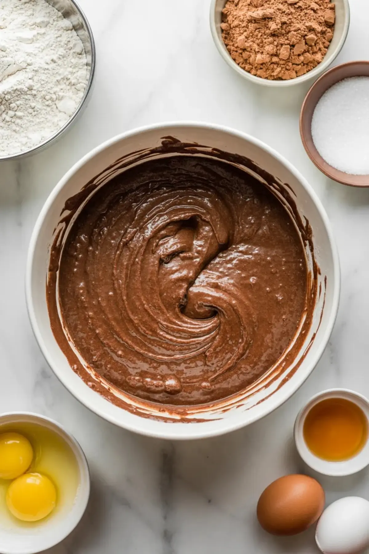 Chocolate brownie batter mixed in a bowl with cocoa, flour, sugar, eggs, and vanilla nearby for the French silk brownies base.