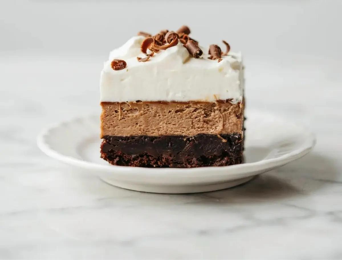 Single slice of French silk brownies on a white plate showing a fudgy brownie base, chocolate silk layer, whipped cream, and chocolate curls.