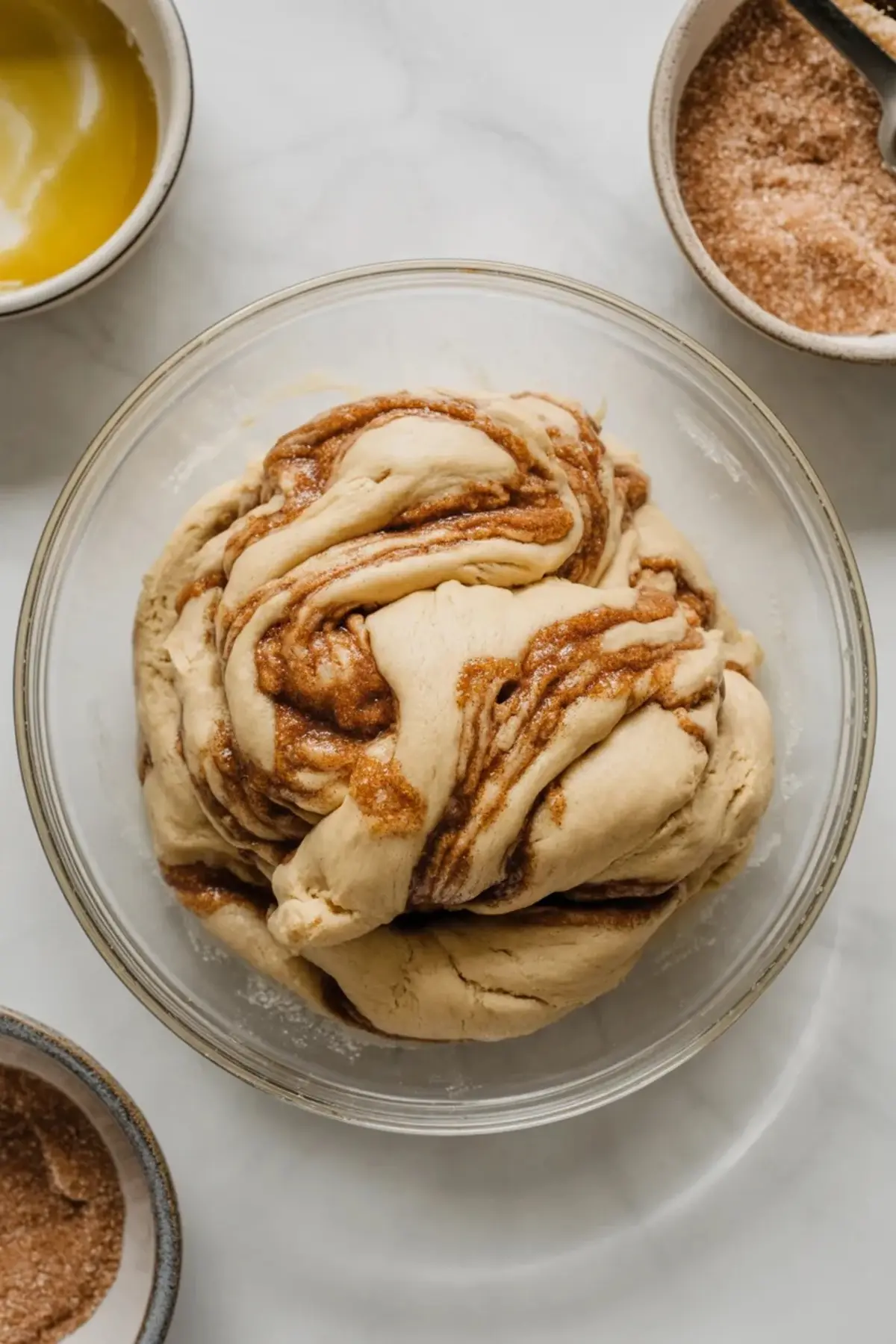 French toast cookie dough swirled with a cinnamon mixture in a glass bowl on a marble counter.