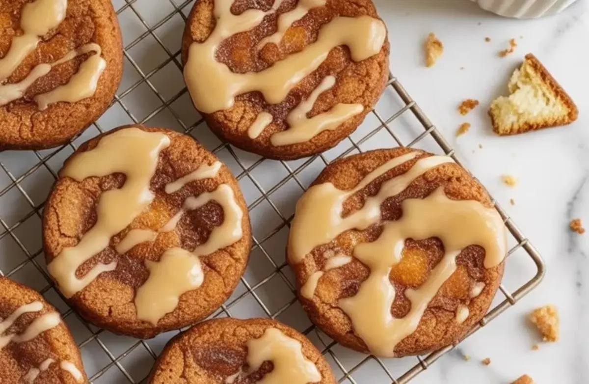 Glazed French toast cookies cooling on a wire rack with crumbs scattered on the marble counter.