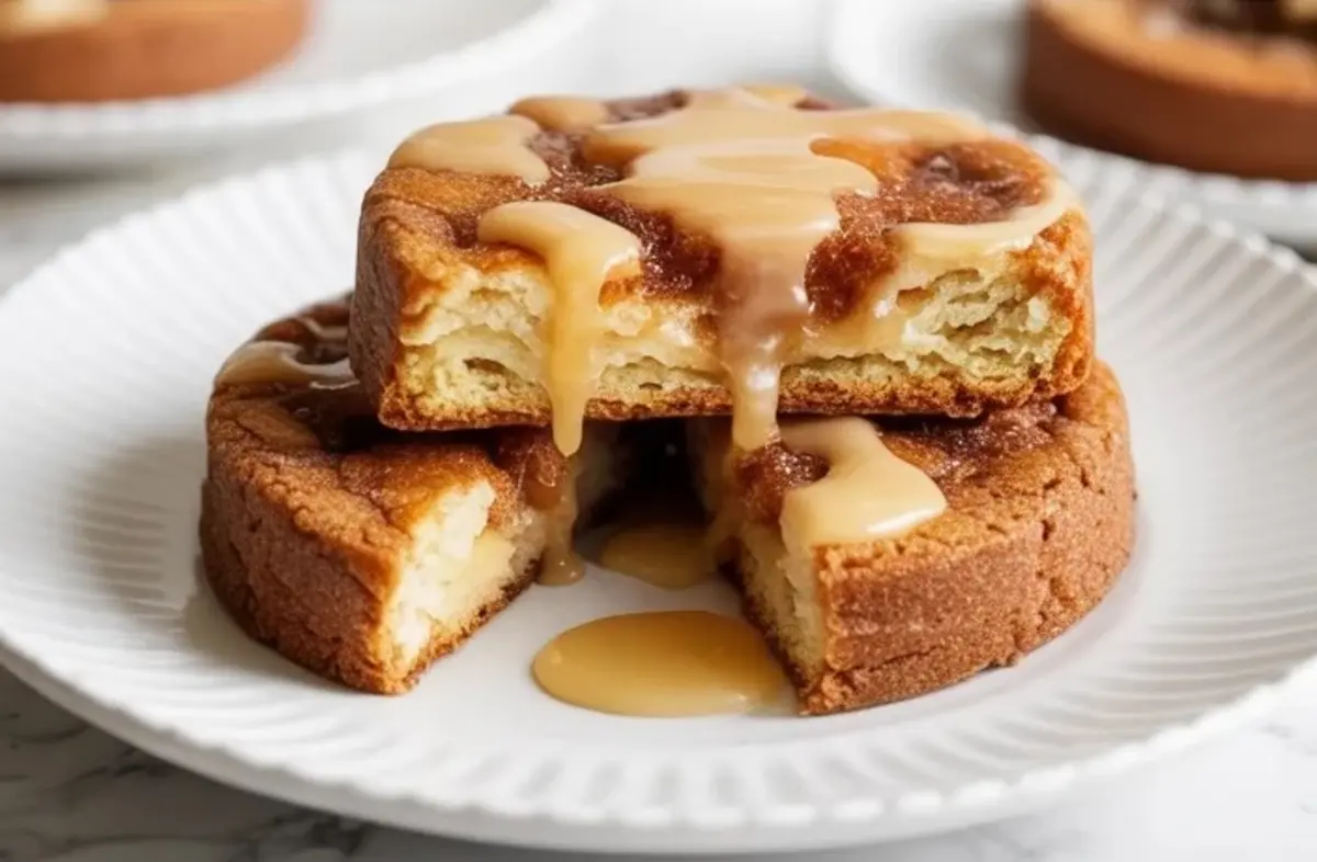 Stacked glazed French toast cookies on a white plate with one cookie cut open to show the soft interior.