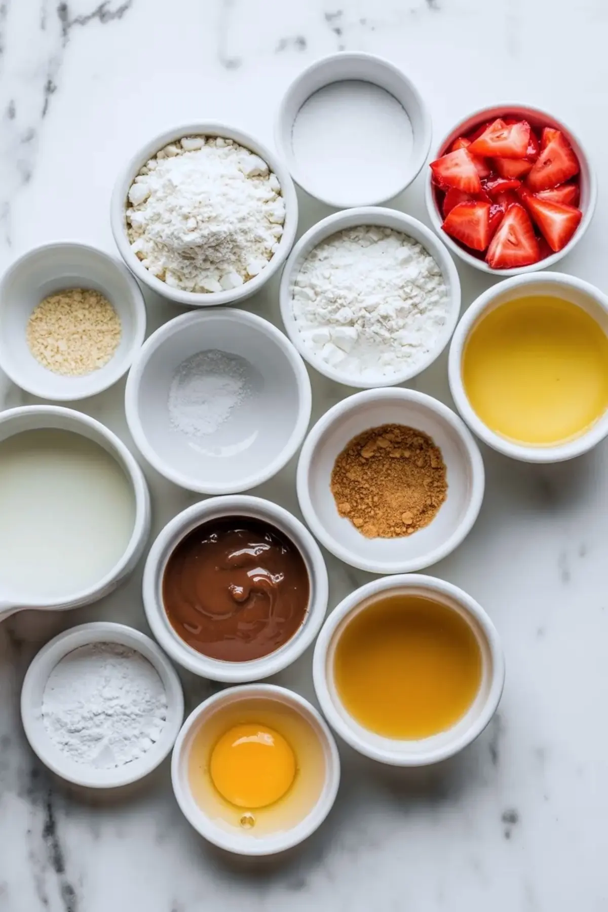 Ingredients for air fryer funnel cake bites arranged in small bowls with flour, sugar, egg, milk, melted butter, sauces, and sliced strawberries.