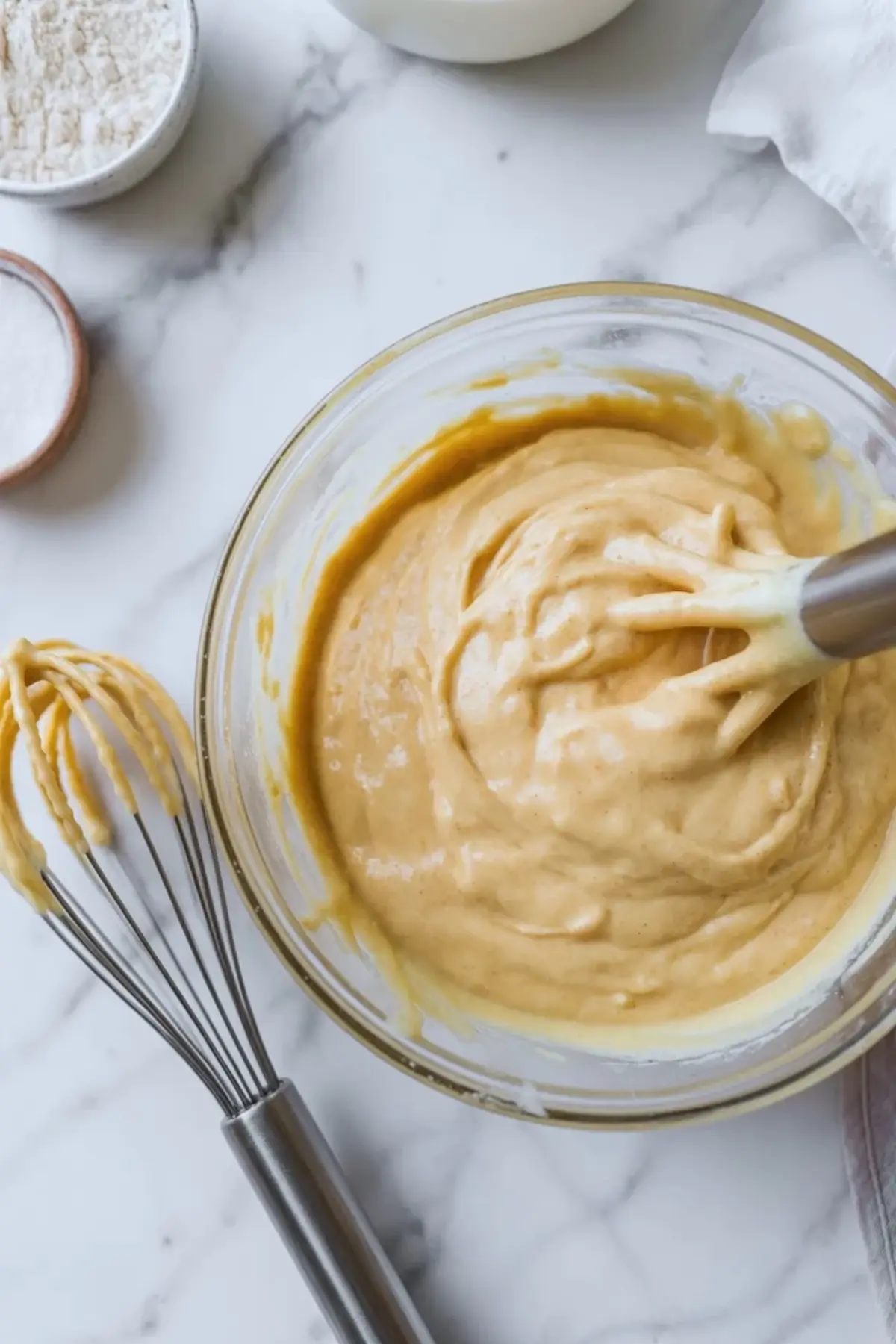 Smooth funnel cake bite batter mixed in a glass bowl with mixer beaters resting nearby on a white marble surface.