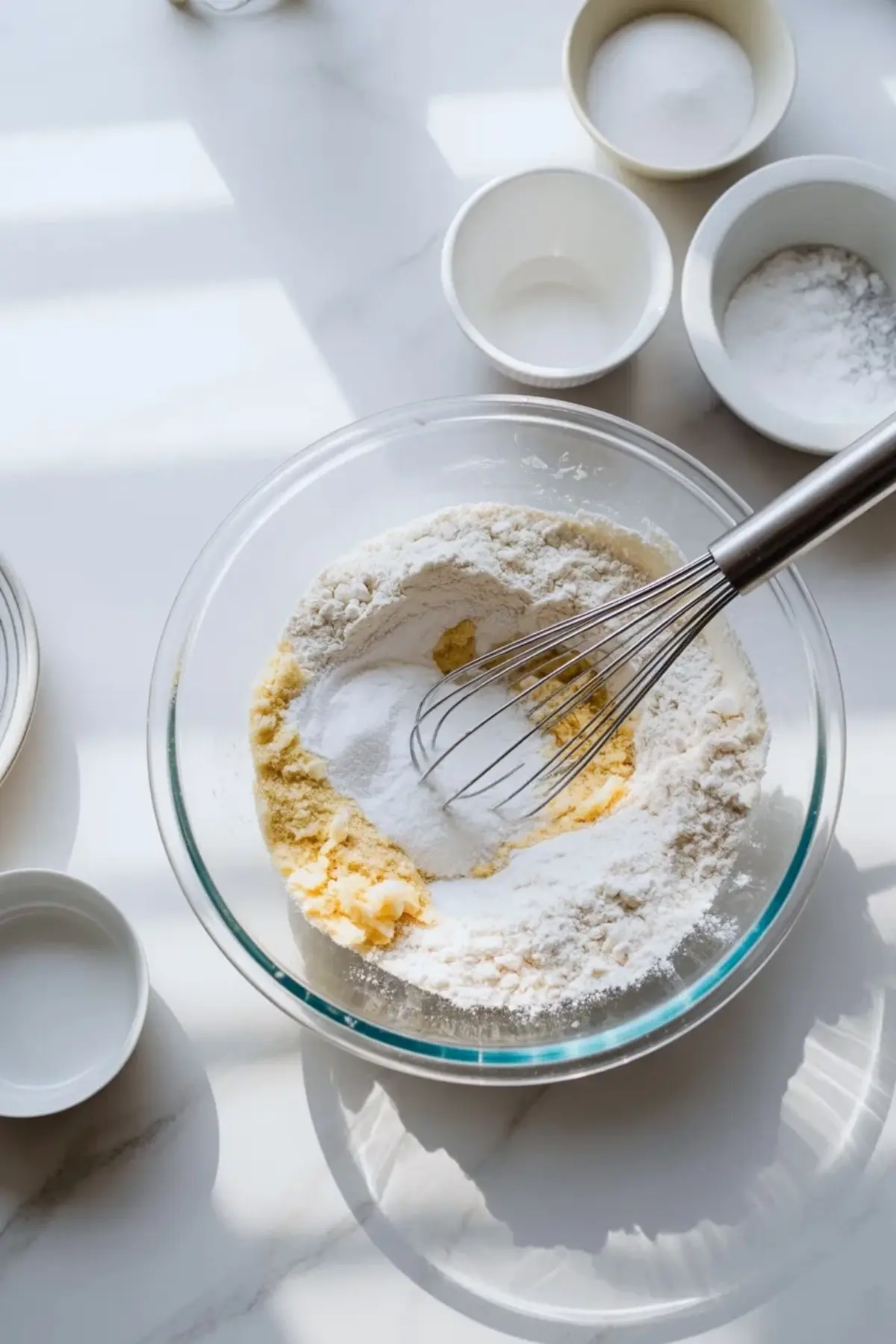 Dry ingredients for funnel cake bites whisked together in a glass bowl on a white marble counter.