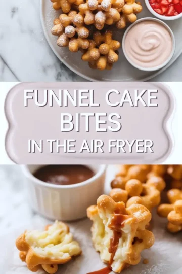 Air fryer funnel cake bites hero graphic with powdered sugar bites, chocolate dipping sauce, strawberries, and title text on a white marble surface.