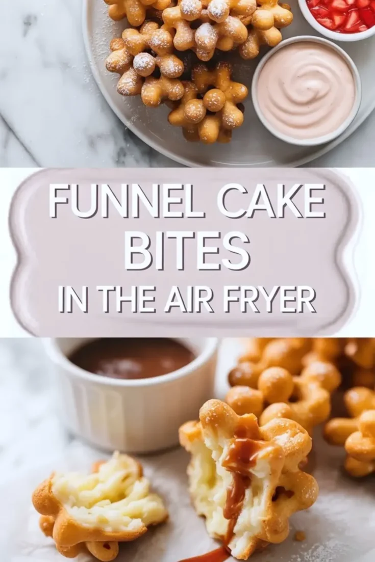 Air fryer funnel cake bites hero graphic with powdered sugar bites, chocolate dipping sauce, strawberries, and title text on a white marble surface.