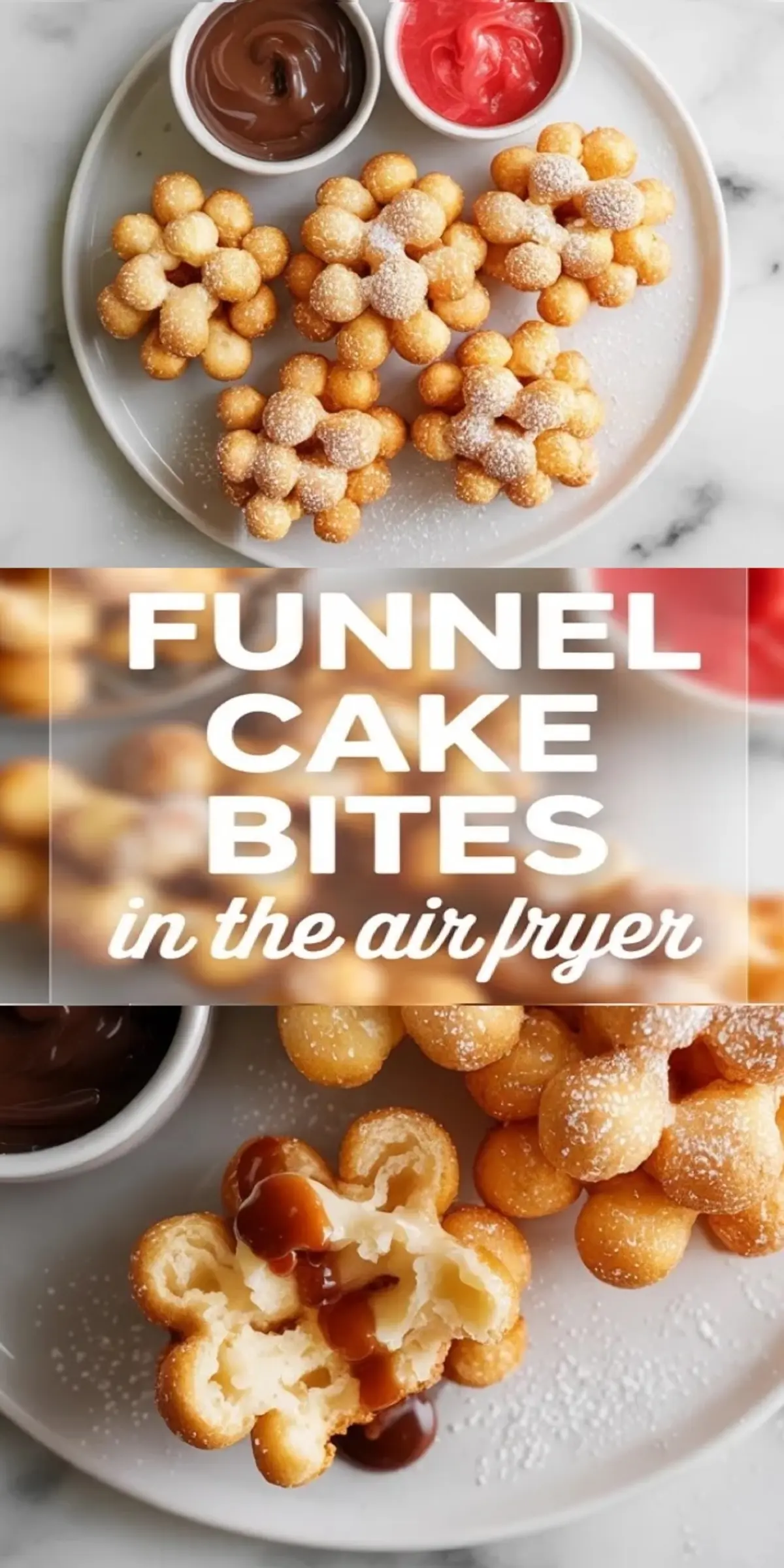 Tall air fryer funnel cake bites collage with dipping sauces, powdered sugar bites, and a broken open bite showing the soft inside.