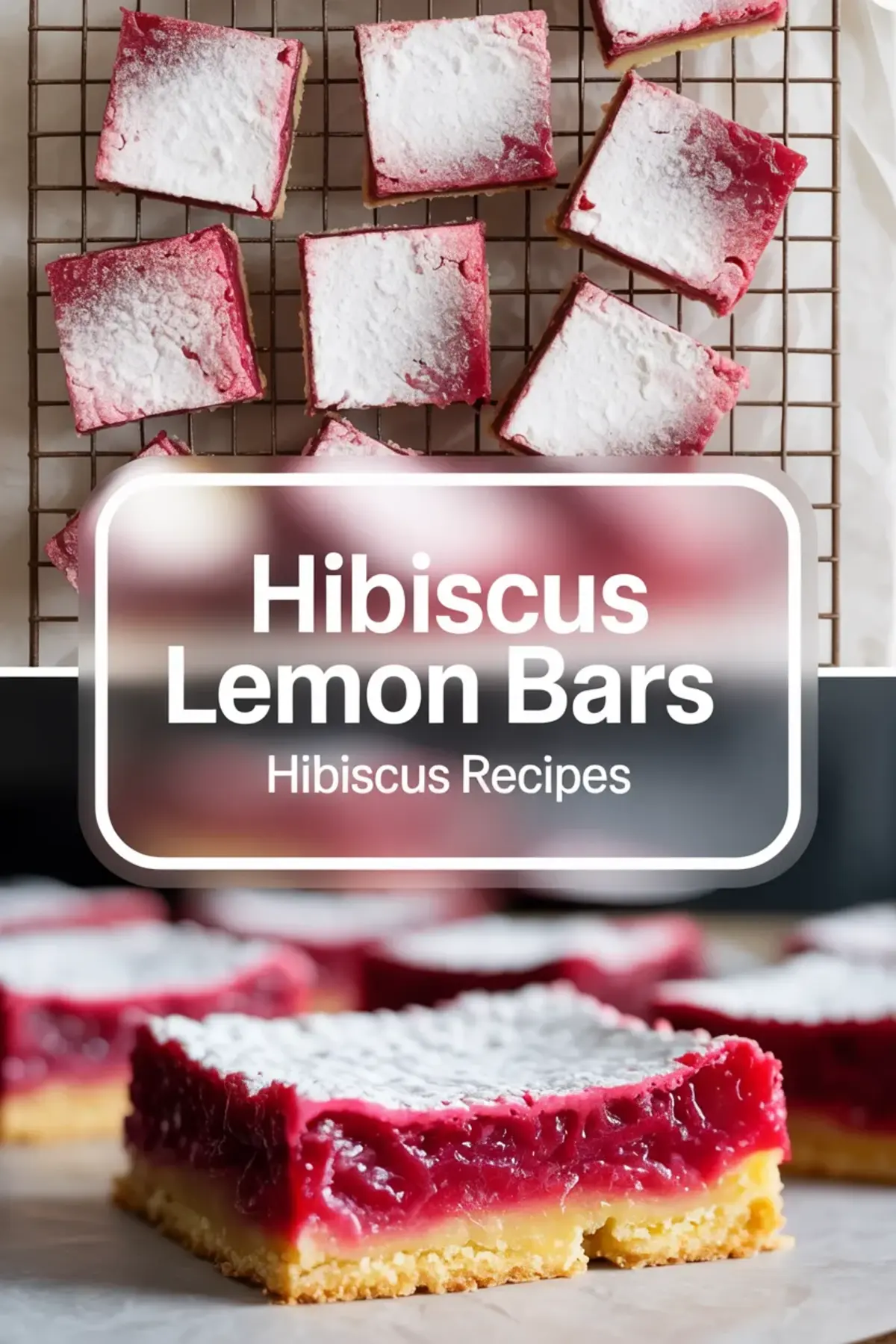 Finished hibiscus lemon bars with powdered sugar and ruby pink filling shown with a text overlay.