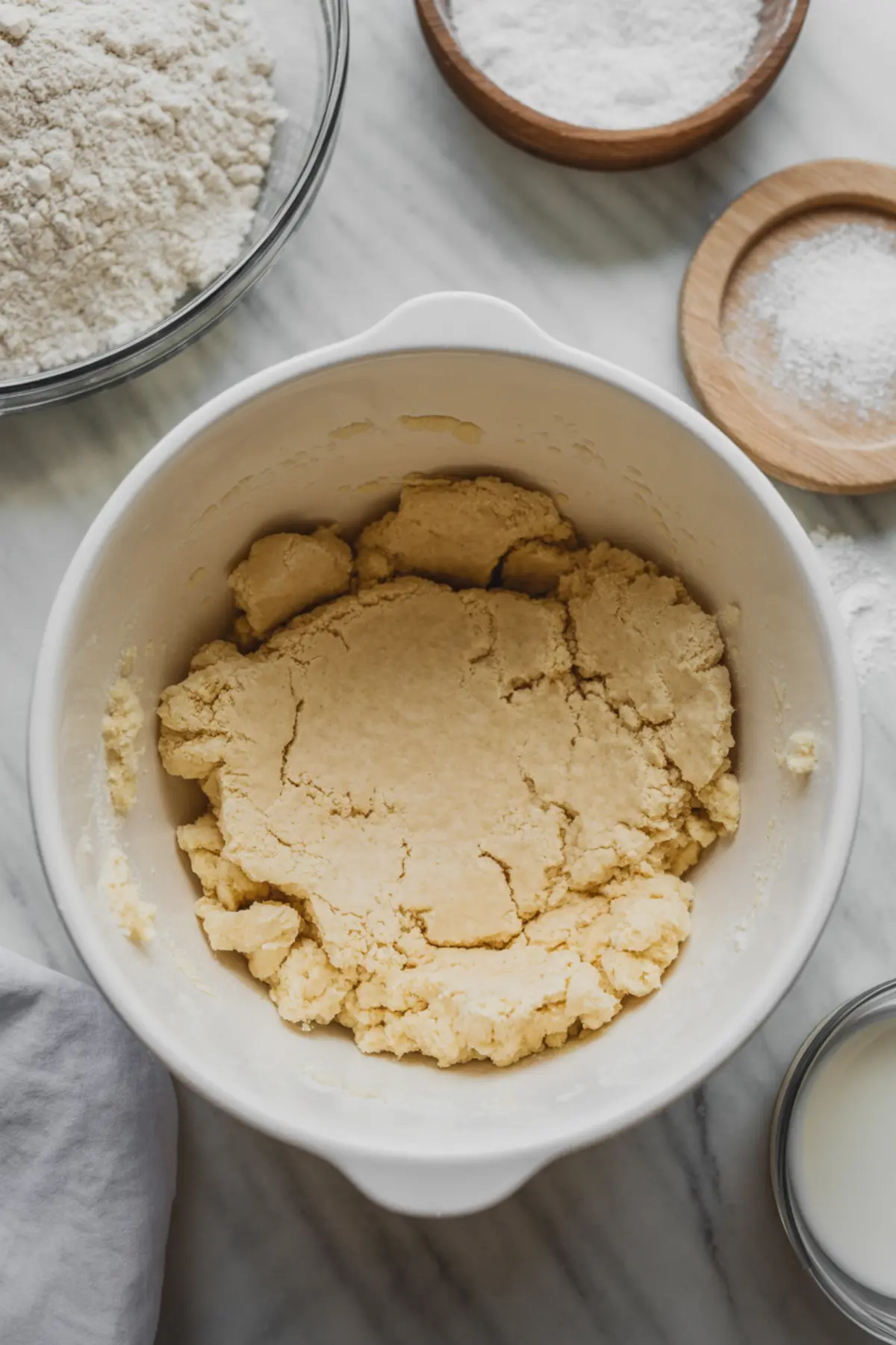 Shortbread crust dough mixed in a bowl with flour, sugar, butter, and salt for hibiscus lemon bars.