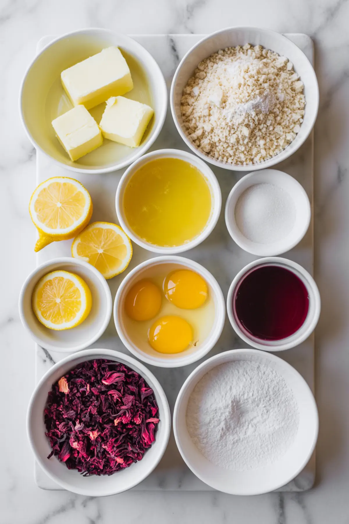 Ingredients for hibiscus lemon bars arranged with lemon juice, lemons, eggs, butter, flour, sugar, and dried hibiscus flowers.