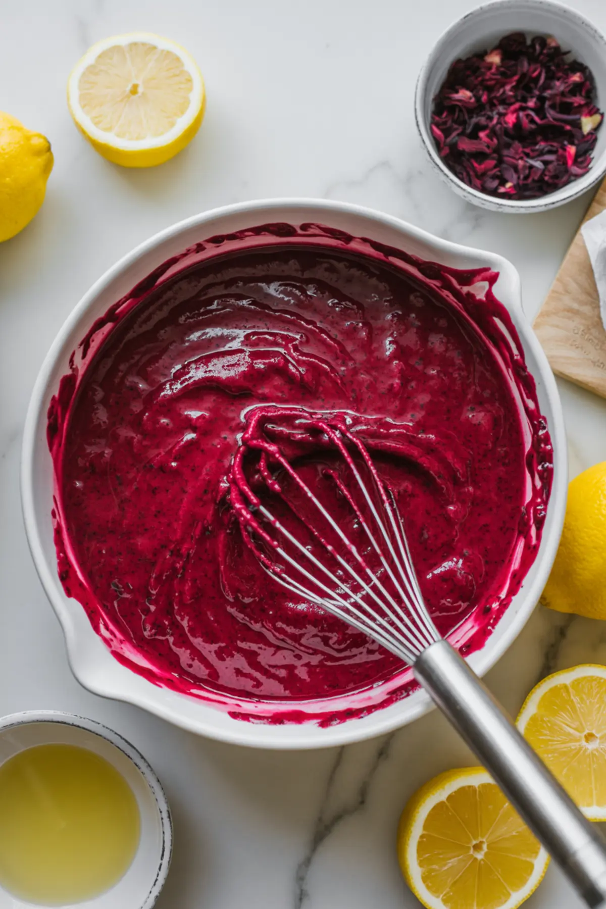 Vivid hibiscus lemon filling being whisked with lemon juice and hibiscus before baking.