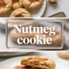 Nutmeg cookies hero collage with cracked cookies on a plate, title panel, and a split cookie showing the soft center on a white marble surface.