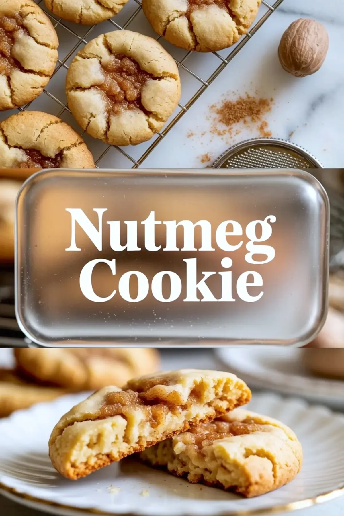 Nutmeg cookies closing collage with cookies on a cooling rack, title panel, and a broken cookie showing the tender inside.