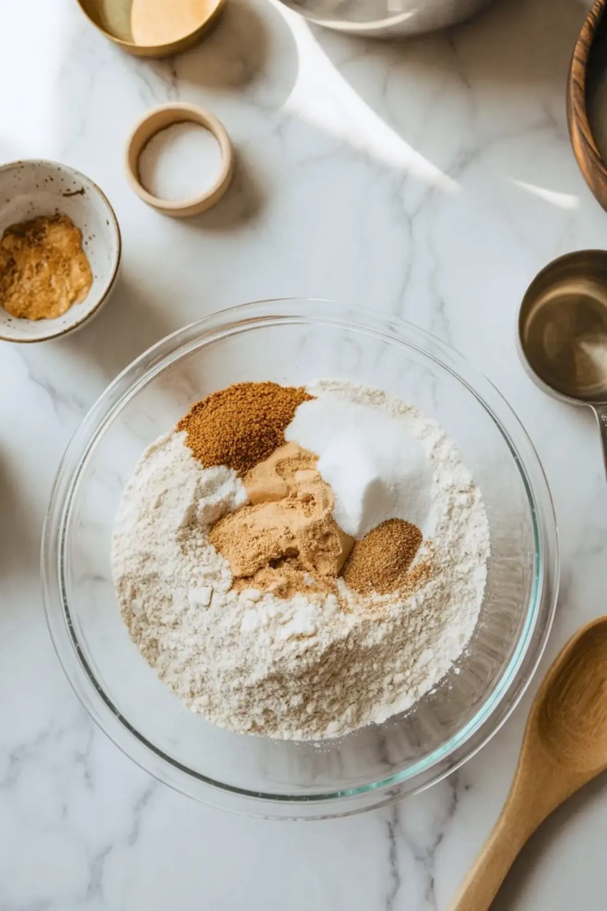 Dry ingredients and nutmeg for nutmeg cookies mixed in a glass bowl on a white marble counter with measuring tools nearby.