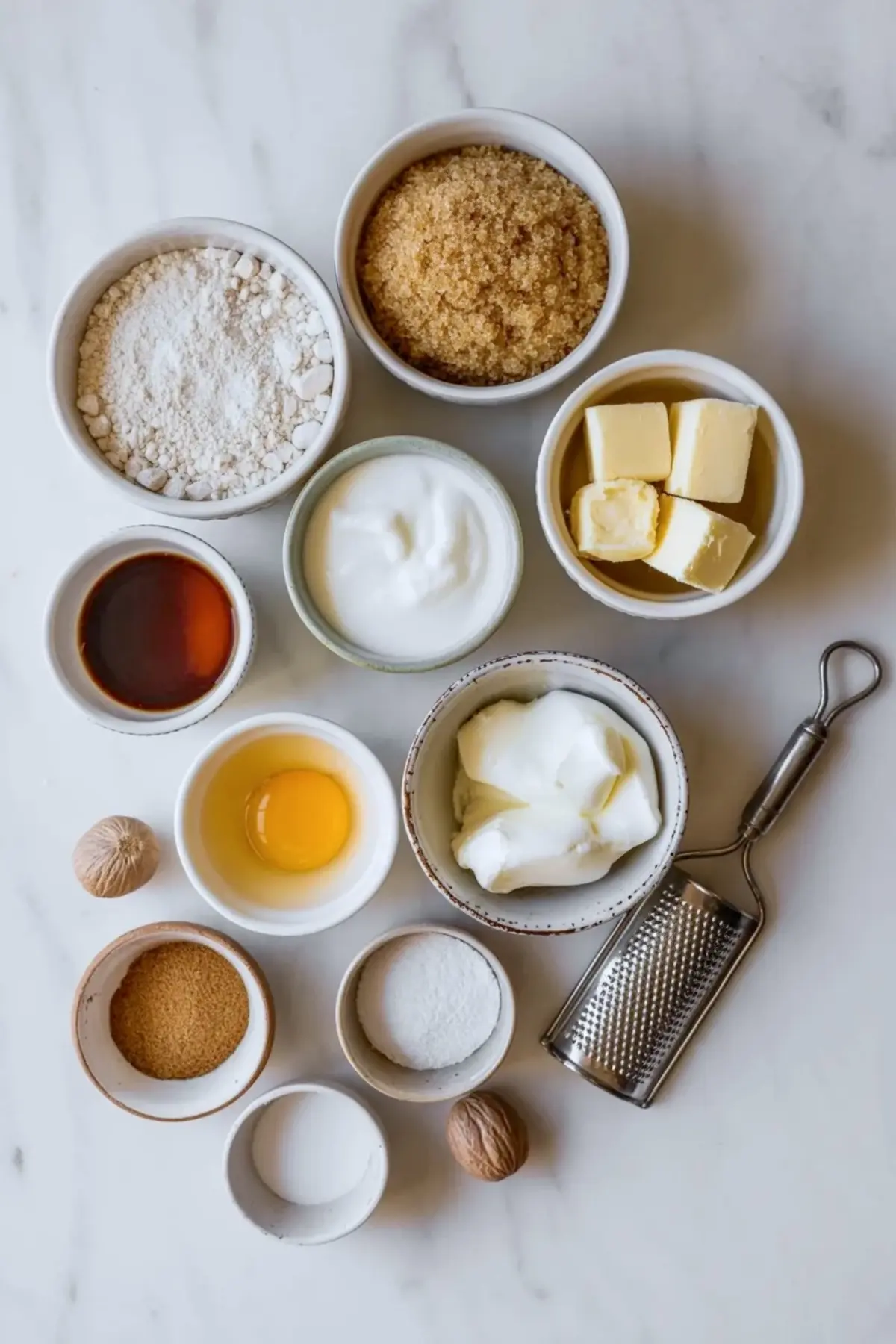 Nutmeg cookie ingredients arranged in bowls with flour, brown sugar, butter, egg, spices, whole nutmeg, and a metal grater on a marble surface.