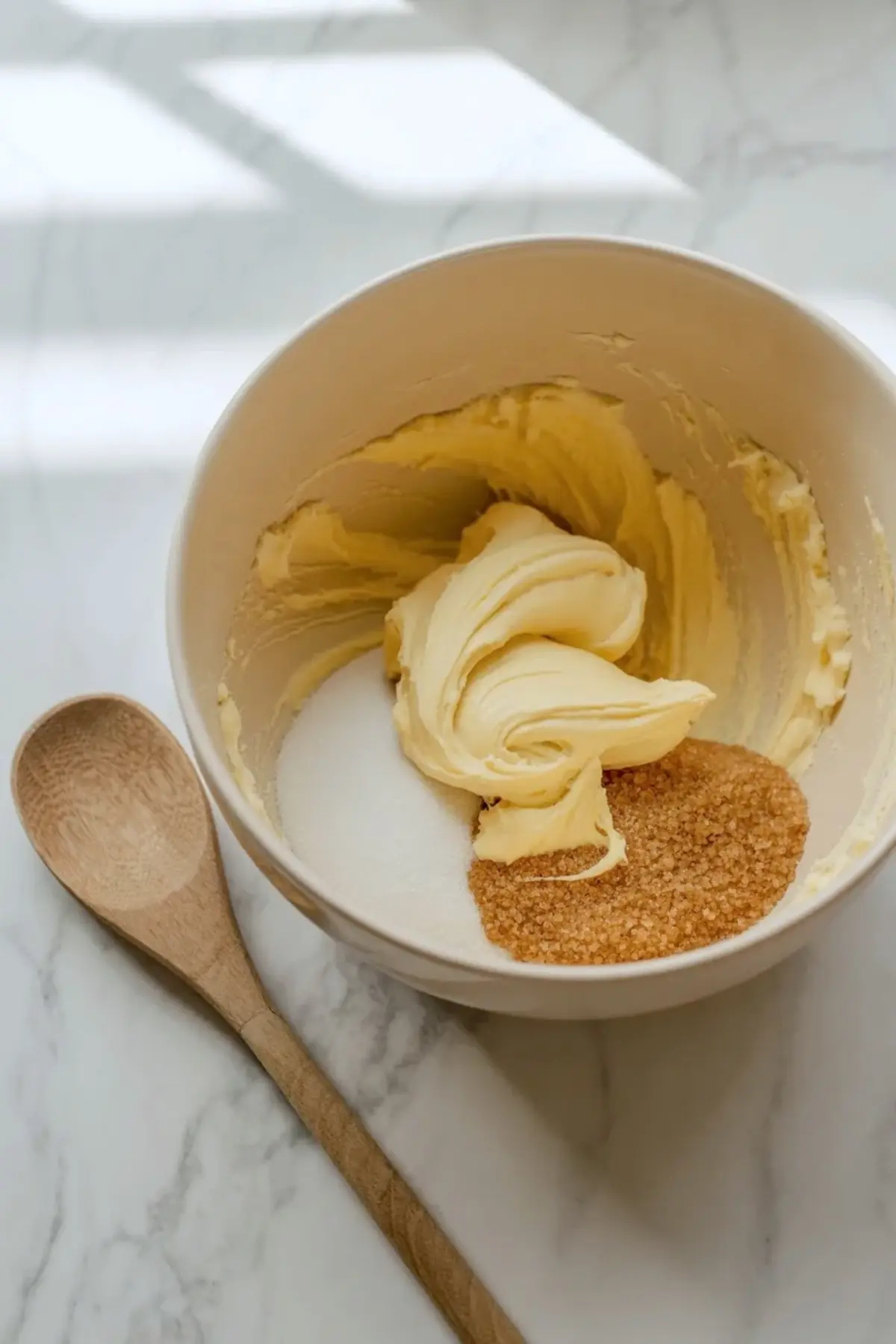 Softened butter with white and brown sugar in a mixing bowl for nutmeg cookies before creaming.