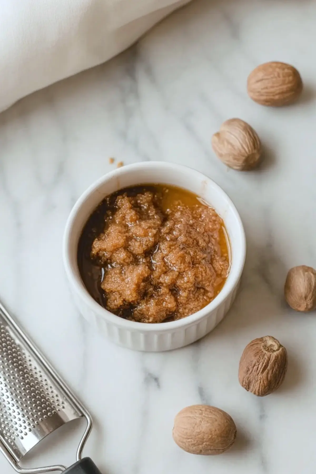 Nutmeg sugar filling in a small ramekin with whole nutmegs and a metal grater on the marble surface.