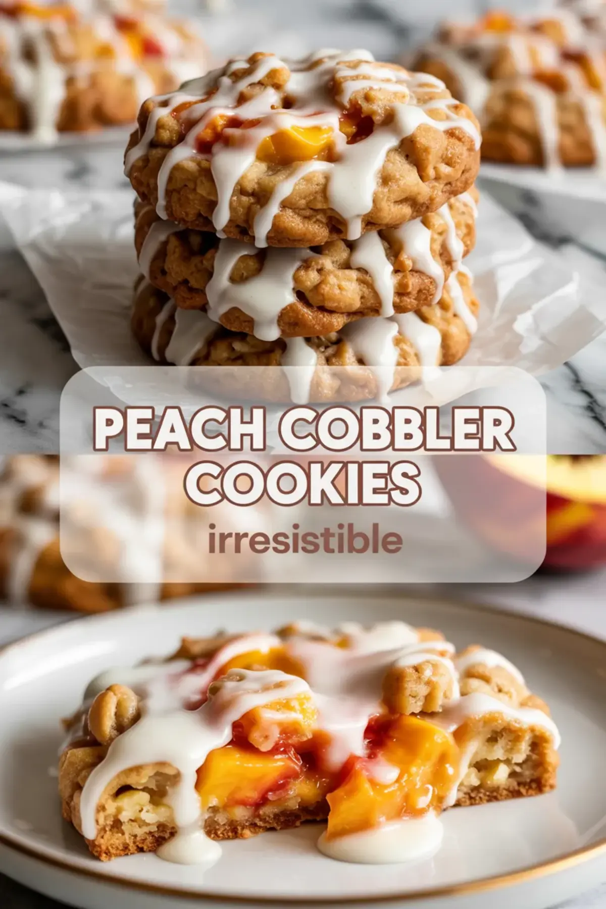 Finished peach cobbler cookies stacked with vanilla glaze and a cut cookie showing peach filling on a plate.