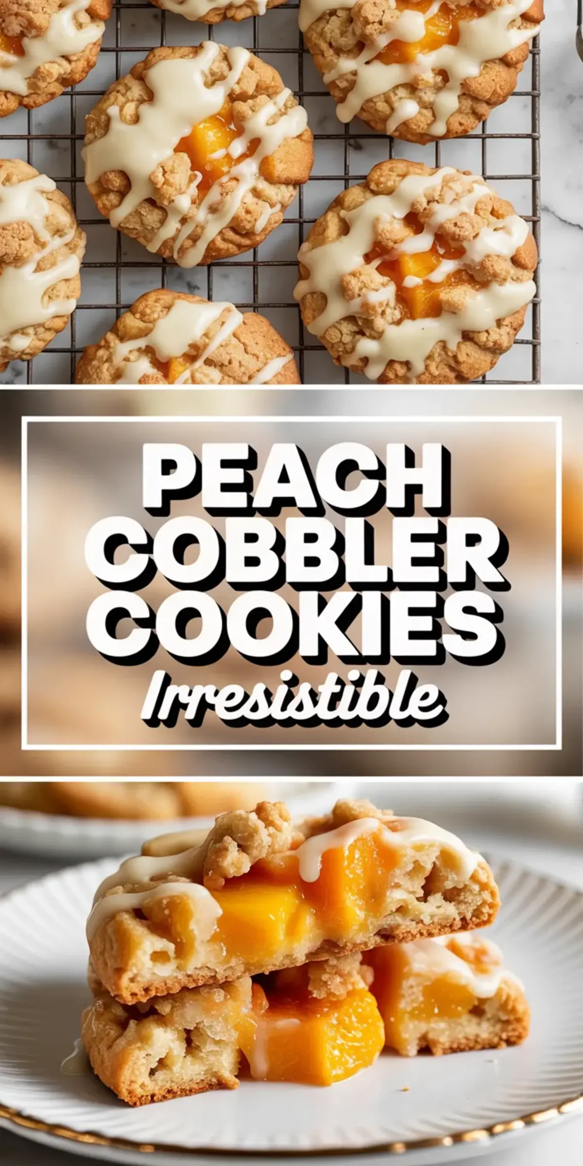 Collage of peach cobbler cookies showing glazed cookies on a cooling rack and a broken cookie with peach filling.