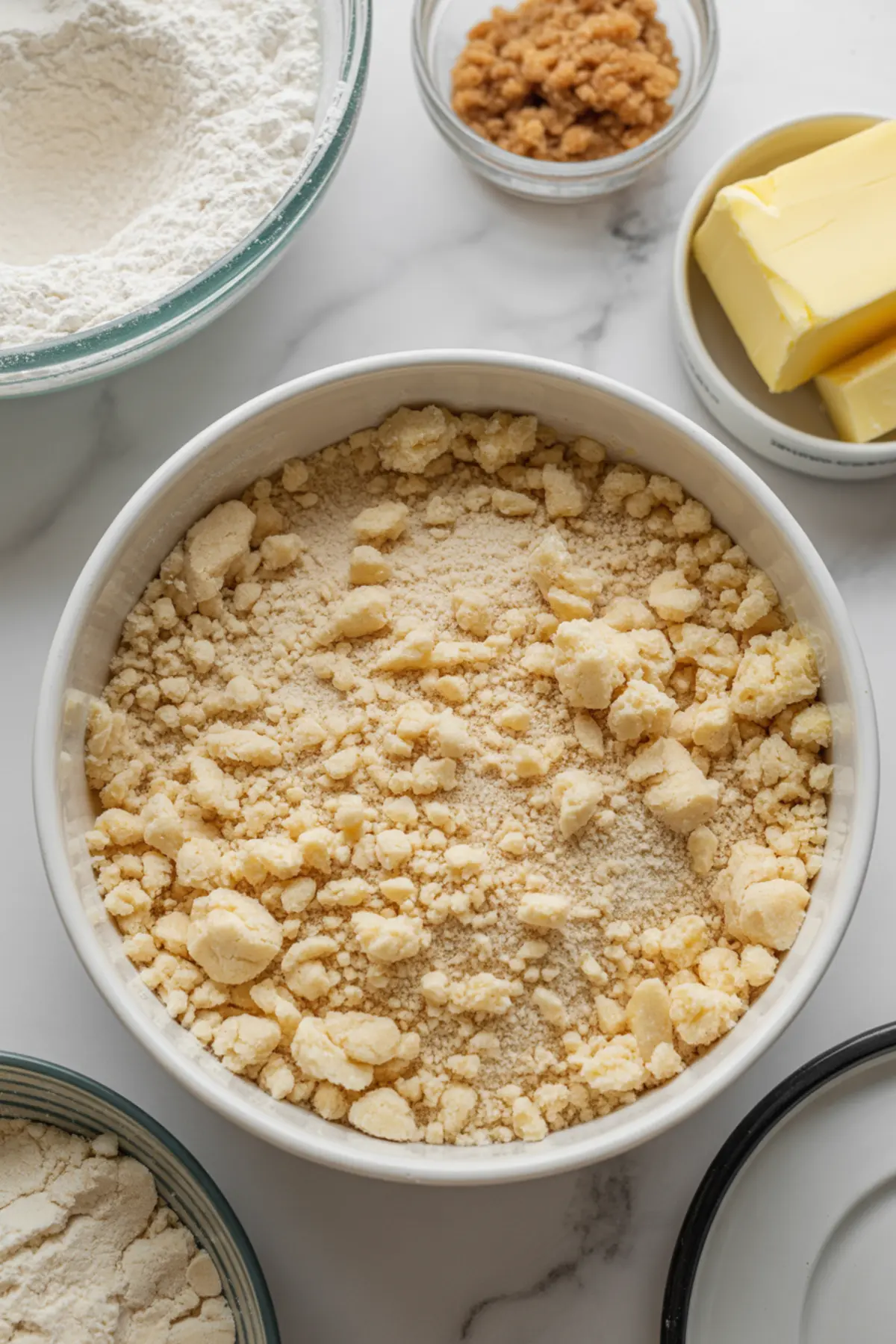 Streusel topping mixture with flour, brown sugar, cinnamon, and cold butter for peach cobbler cookies.