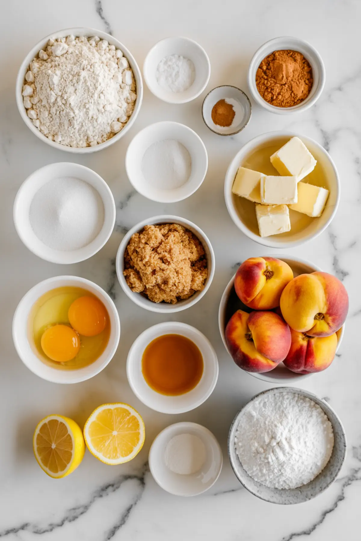Ingredients for peach cobbler cookies arranged with peaches, butter, flour, sugars, eggs, cinnamon, lemon, vanilla, milk, and powdered sugar.